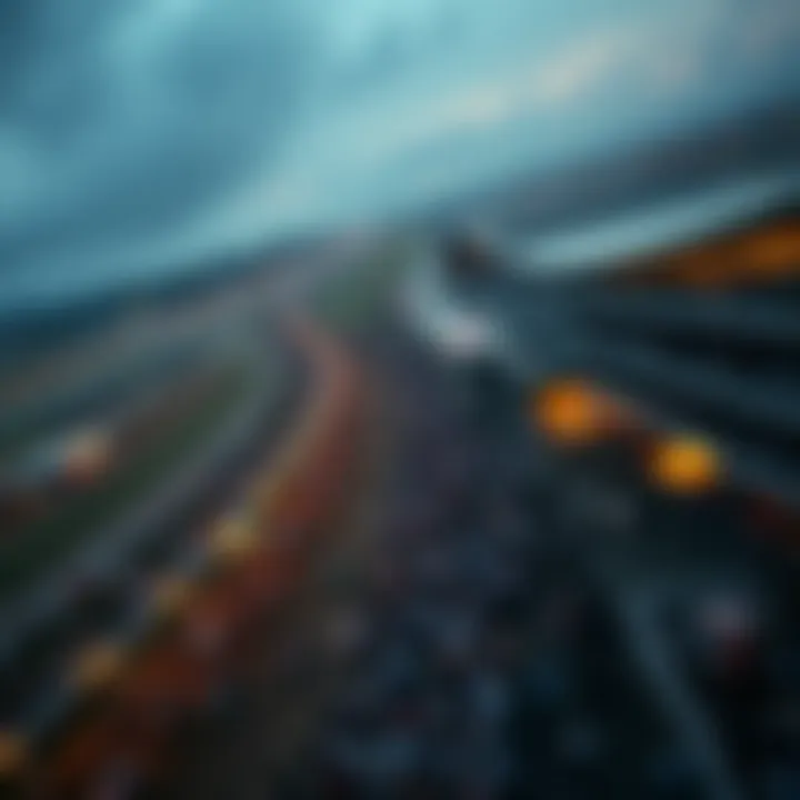 An aerial view of a bustling racetrack during a race event