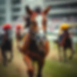 A close-up view of a thoroughbred horse in a race